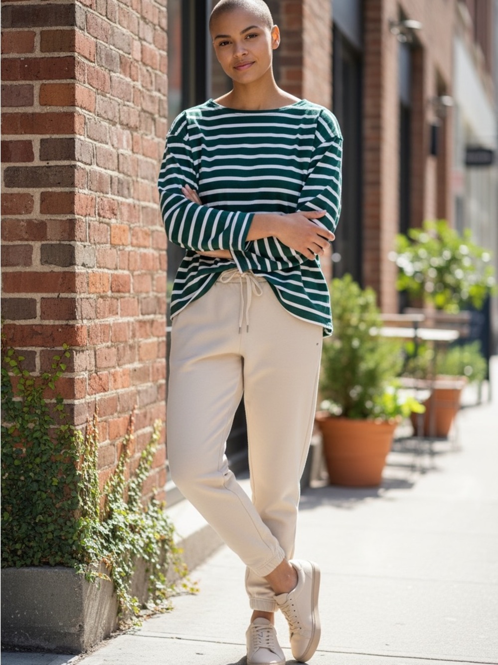 J. Crew Green and White Striped Boatneck Top